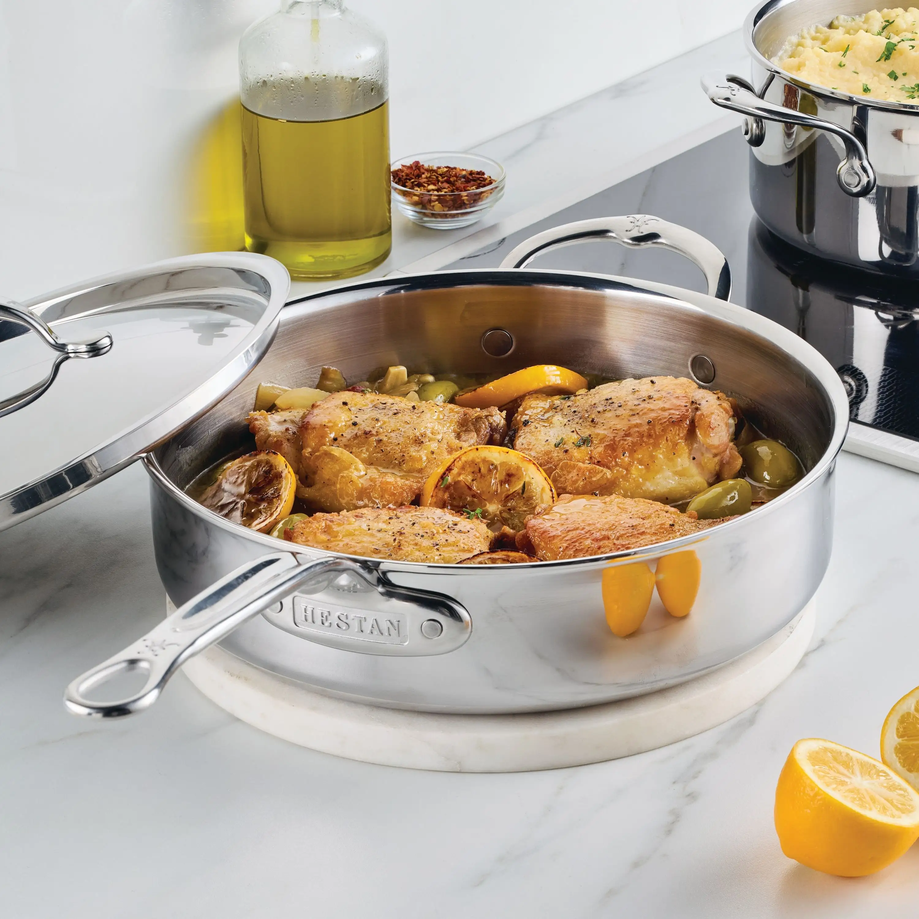 Polished Clad Stainless Steel Sauté Pans with Lid - Image 2