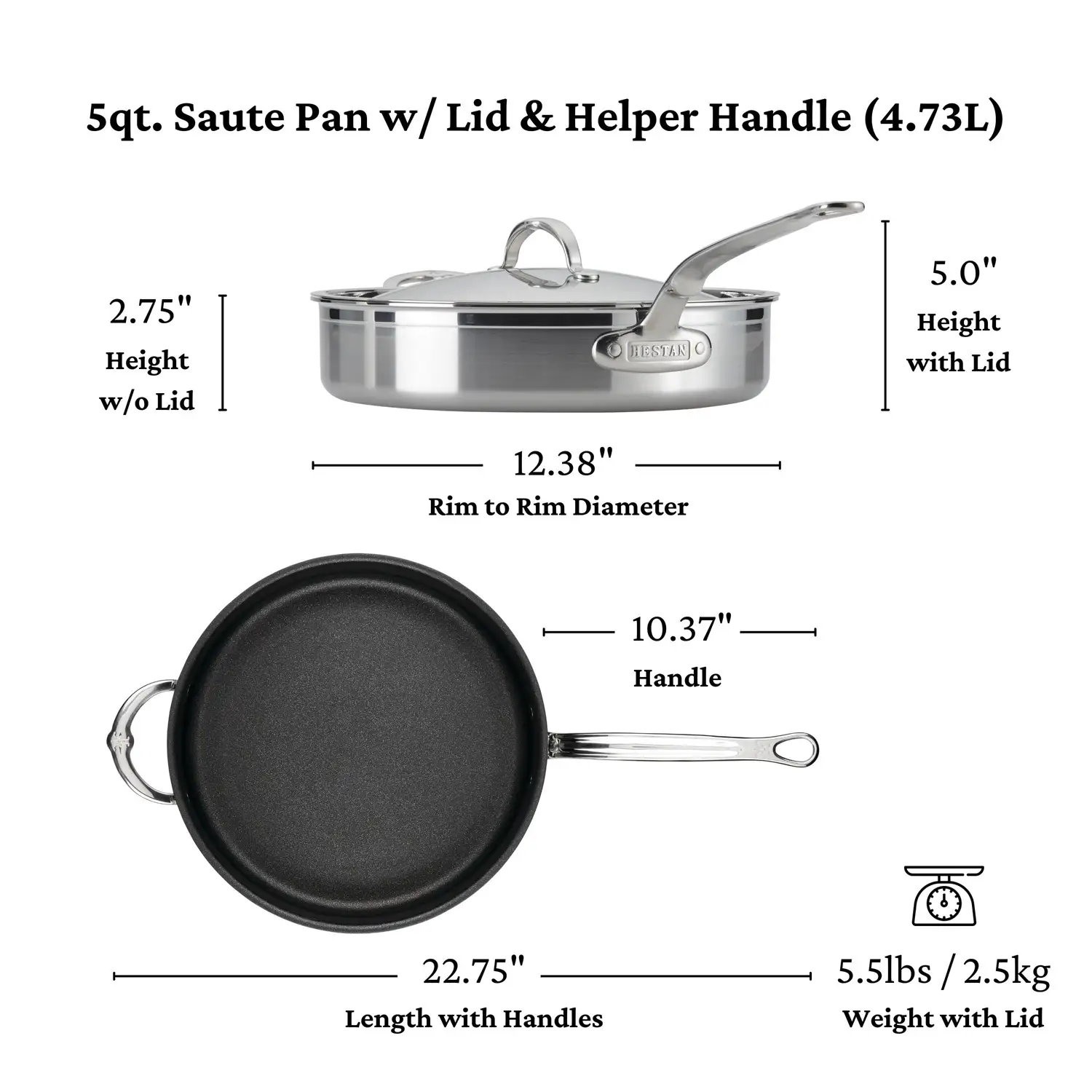 Brushed Clad Stainless Steel TITUM® Nonstick Sauté Pan with Lid, 5-Quart - Image 6